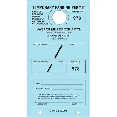 Personalized Temporary Parking Tags, Blue, 4-1/4 X 7-3/4 - pack of 100 Personalized Temporary Parking Tags, Blue, 4-1/4 X 7-3/4 - pack of 100