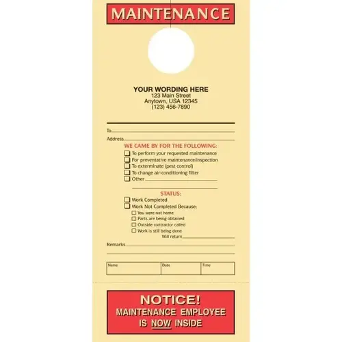 Maintenance Door Tags With Stub, 4-1/4 X 9-1/4" - pack of 100 Maintenance Door Tags With Stub, 4-1/4 X 9-1/4" - pack of 100