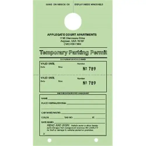 Temporary Parking Tags, Green, 4-1/4 X 7-3/4 - pack of 100 Temporary Parking Tags, Green, 4-1/4 X 7-3/4 - pack of 100