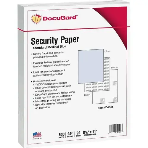 Standard Medical Security Paper 8.5"X11" 24 Lb Blue - pack of 500 Standard Medical Security Paper 8.5"X11" 24 Lb Blue - pack of 500