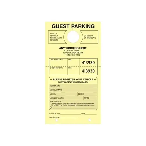 Guest Parking Tags, Canary, 4-1/4 X 7-3/4 - pack of 100 Guest Parking Tags, Canary, 4-1/4 X 7-3/4 - pack of 100