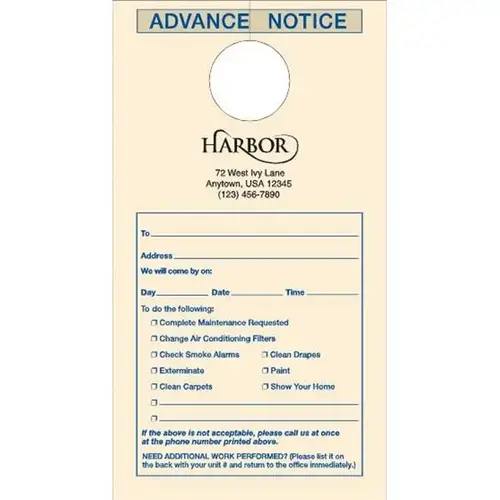 Maintenance Advance Notice Door Tags - pack of 100 Maintenance Advance Notice Door Tags - pack of 100