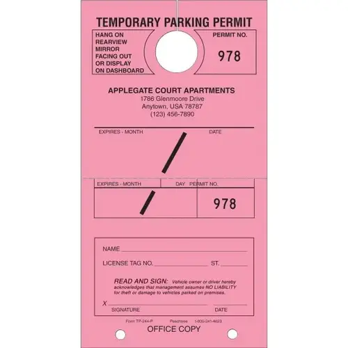 Personalized Temporary Parking Tags, Pink, 4-1/4 X 7-3/4 - pack of 100 Personalized Temporary Parking Tags, Pink, 4-1/4 X 7-3/4 - pack of 100