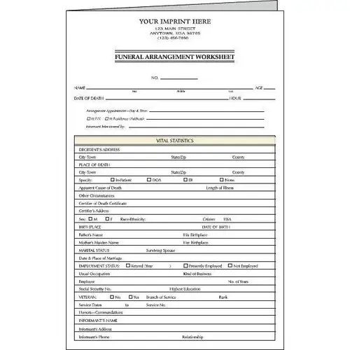 Funeral Worksheet Version Ii, Imprinted - pack of 100 Funeral Worksheet Version Ii, Imprinted - pack of 100