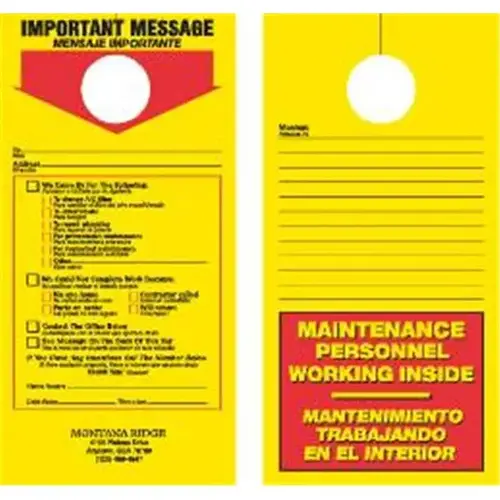 Two-Sided Bilingual Maintenance Door Tags, Yellow, 4-1/4 X 8-1/2" - pack of 100 Two-Sided Bilingual Maintenance Door Tags, Yellow, 4-1/4 X 8-1/2" - pack of 100