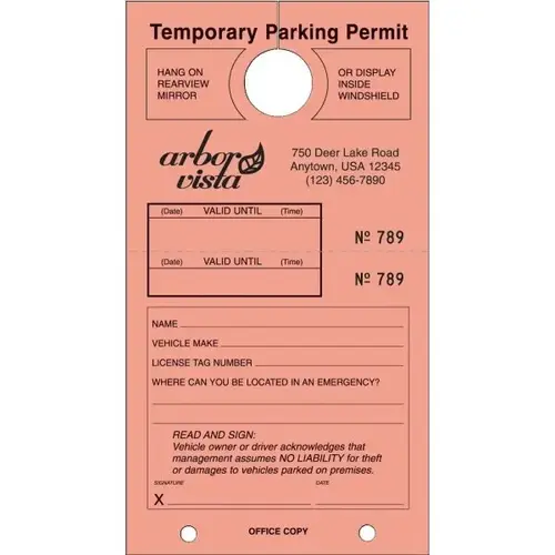 Temporary Parking Tag, Large Instructions, Salmon, 4-1/4x7-3/4 - pack of 100 Temporary Parking Tag, Large Instructions, Salmon, 4-1/4x7-3/4 - pack of 100