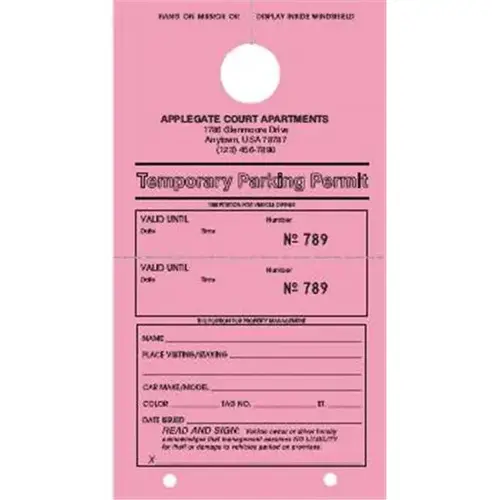 Temporary Parking Tags, Pink, 4-1/4 X 7-3/4 - pack of 100 Temporary Parking Tags, Pink, 4-1/4 X 7-3/4 - pack of 100