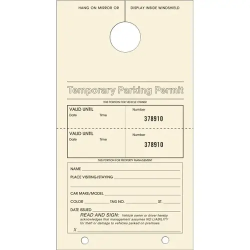 Temporary Parking Tags, Canary, 4-1/4 X 7-3/4 - pack of 100 Temporary Parking Tags, Canary, 4-1/4 X 7-3/4 - pack of 100