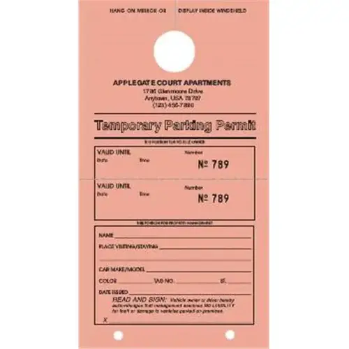 Temporary Parking Tags, Salmon, 4-1/4 X 7-3/4 - pack of 100 Temporary Parking Tags, Salmon, 4-1/4 X 7-3/4 - pack of 100