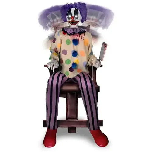 37" Motion-Activated Sitting Thrashing Clown With Meat Cleaver 37" Motion-Activated Sitting Thrashing Clown With Meat Cleaver