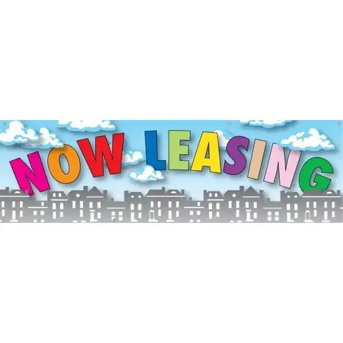 Horizontal Now Leasing Banner, Multicolored Letters, 10 ft X 3 ft Horizontal Now Leasing Banner, Multicolored Letters, 10 ft X 3 ft