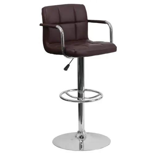 Brown Quilted Vinyl Adjustable Height Bar Stool With Arms And Chrome Base Brown Quilted Vinyl Adjustable Height Bar Stool With Arms And Chrome Base