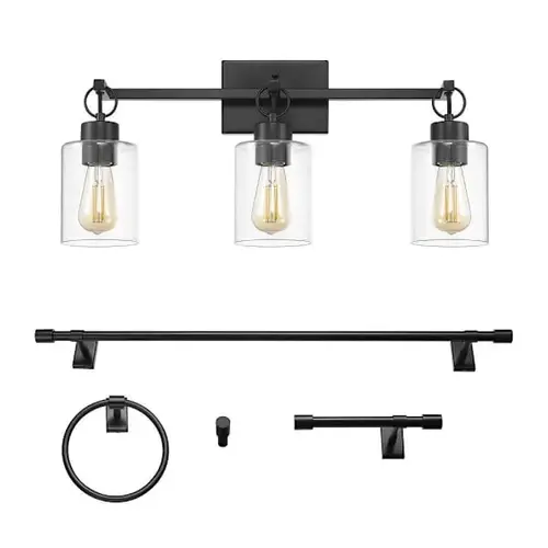Woods 24" 3-Light Matte Black Vanity Light, Clear Shades Woods 24" 3-Light Matte Black Vanity Light, Clear Shades