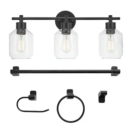 Cannes 24" 3-Light Matte Black Vanity Light, Clear Shades Cannes 24" 3-Light Matte Black Vanity Light, Clear Shades
