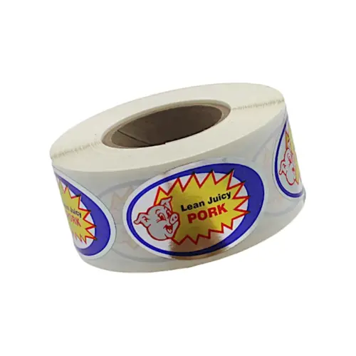 Lean Juicy Pork Meat Label 1.25X2 IN Silver Blue Yellow Red White With Pig Oval Foil - pack of 500 Lean Juicy Pork Meat Label 1.25X2 IN Silver Blue Yellow Red White With Pig Oval Foil - pack of 500