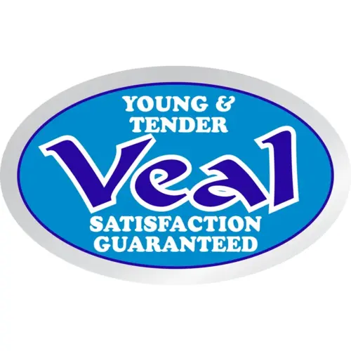 Young & Tender Veal Meat Label 1.25X2 IN Silver Blue White Oval Foil - pack of 500 Young & Tender Veal Meat Label 1.25X2 IN Silver Blue White Oval Foil - pack of 500