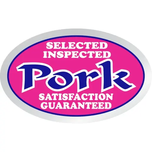 Selected Inspected Pork Meat Label 1.25X2 IN Silver Rhodamine Blue White Oval Foil - pack of 500 Selected Inspected Pork Meat Label 1.25X2 IN Silver Rhodamine Blue White Oval Foil - pack of 500