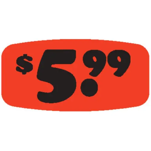 5.99 Price Label Black Fluorescent Red Short Oval Dayglo - pack of 1000 5.99 Price Label Black Fluorescent Red Short Oval Dayglo - pack of 1000