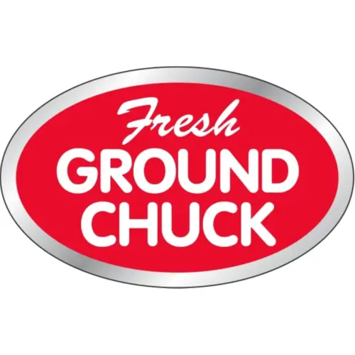 Fresh Ground Chuck Meat Label 1.25X2 IN Silver White Red Oval - pack of 500 Fresh Ground Chuck Meat Label 1.25X2 IN Silver White Red Oval - pack of 500