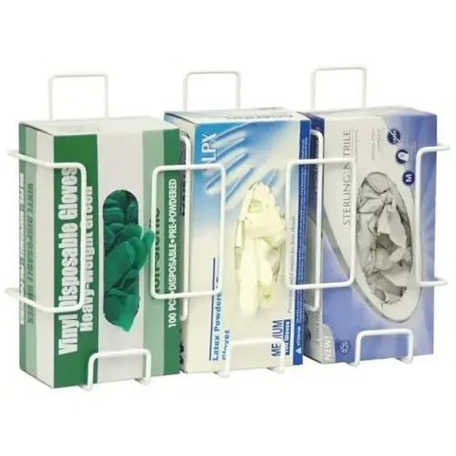 White Plastic Coated Steel Wire Side-By-Side Triple Glove Box Holder White Plastic Coated Steel Wire Side-By-Side Triple Glove Box Holder