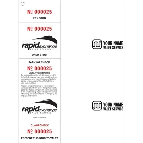 Personalized Valet Tickets, 4-Part, 2-1/2 X 8-1/2 - pack of 500 Personalized Valet Tickets, 4-Part, 2-1/2 X 8-1/2 - pack of 500
