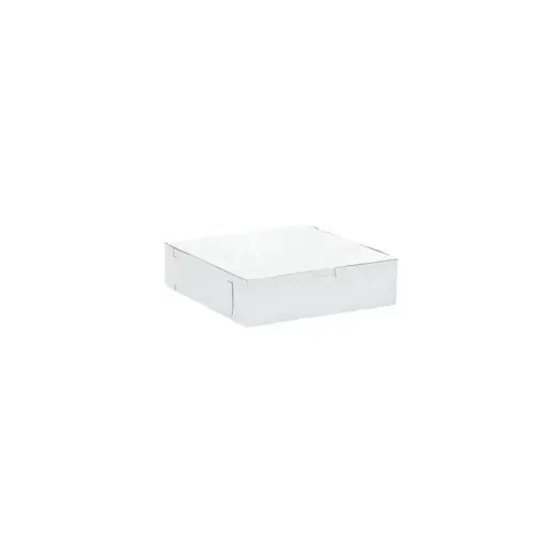 Easy Lock Cake Box 9X9X2.5 IN SUS Paperboard CRB White Square Lock Corner 1-Piece - pack of 250 Easy Lock Cake Box 9X9X2.5 IN SUS Paperboard CRB White Square Lock Corner 1-Piece - pack of 250