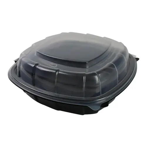 Take-Out Container Hinged With Dome Lid 9X9X3 IN PP Black Clear Square - pack of 112 Take-Out Container Hinged With Dome Lid 9X9X3 IN PP Black Clear Square - pack of 112