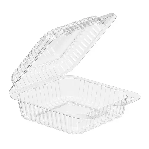 Essentials Take-Out Container Hinged With Dome Lid 5.25X5.625X2.125 IN RPET Clear Square - pack of 500 Essentials Take-Out Container Hinged With Dome Lid 5.25X5.625X2.125 IN RPET Clear Square - pack of 500
