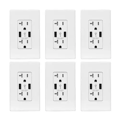 25w Type A USB Wall Outlet 20a Duplex Receptacle White - pack of 6 25w Type A USB Wall Outlet 20a Duplex Receptacle White - pack of 6