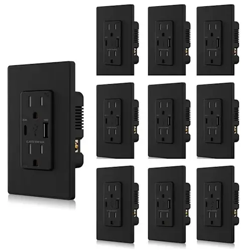 38w Type A & C USB Wall Outlet, Wall Plate Included, Black - pack of 10 38w Type A & C USB Wall Outlet, Wall Plate Included, Black - pack of 10