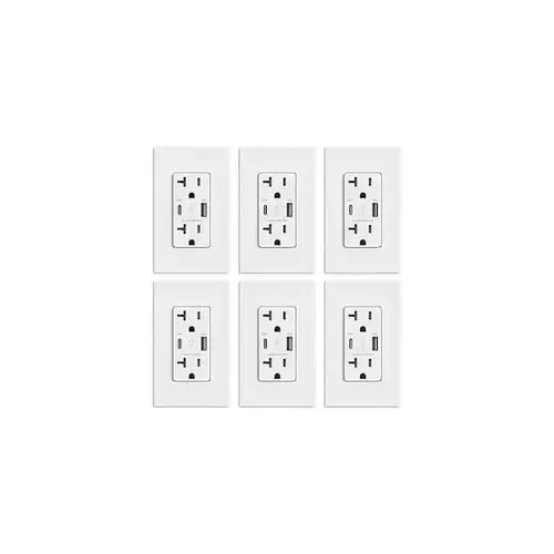 38w Type A & C USB Wall Outlet 20a Receptacle, White - pack of 6 38w Type A & C USB Wall Outlet 20a Receptacle, White - pack of 6