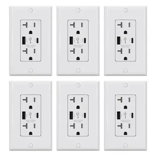 25w Type A & Type C USB Outlet, 20a Duplex Receptacle, White - pack of 6 25w Type A & Type C USB Outlet, 20a Duplex Receptacle, White - pack of 6