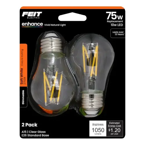 Feit Electric /2/RP Filament LED Bulb, A15 Lamp, 75 W Equivalent, E26 Medium Lamp Base, Dimmable, Clear - pack of 2 Feit Electric /2/RP Filament LED Bulb, A15 Lamp, 75 W Equivalent, E26 Medium Lamp Base, Dimmable, Clear - pack of 2