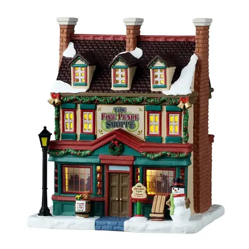 Lemax Christmas Decor, 7.28 in H, The Five Pence Shoppe, Porcelain, LED Lemax Christmas Decor, 7.28 in H, The Five Pence Shoppe, Porcelain, LED
