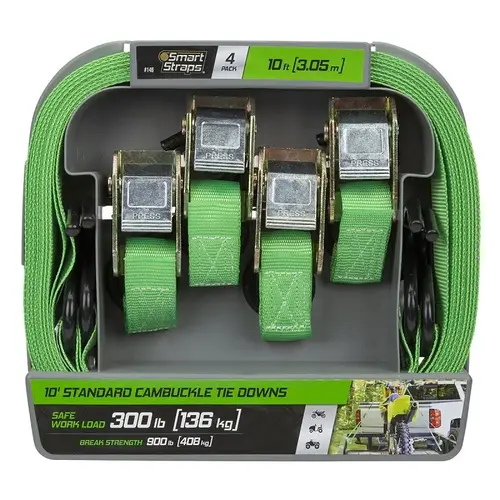 SmartStrap Tie-Down, Cam Buckle, 1 in W, 10 ft L, Steel, Green, 300 lb, S-Hook End Fitting, Steel End Fitting SmartStrap Tie-Down, Cam Buckle, 1 in W, 10 ft L, Steel, Green, 300 lb, S-Hook End Fitting, Steel End Fitting