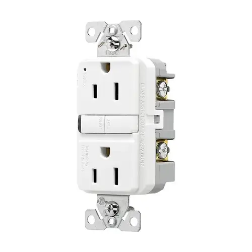 Eaton Receptacle, 125 V, 15 A, NEMA: 5-15R, GFCI Socket, Back, Side Wiring, White Eaton Receptacle, 125 V, 15 A, NEMA: 5-15R, GFCI Socket, Back, Side Wiring, White