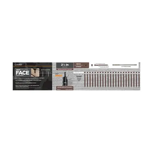 Camo Deck Screw, Brown, #10 Thread, 2-1/2 in L, Flat Head, T20 Drive, Steel, 1000/PK - pack of 1000 Camo Deck Screw, Brown, #10 Thread, 2-1/2 in L, Flat Head, T20 Drive, Steel, 1000/PK - pack of 1000