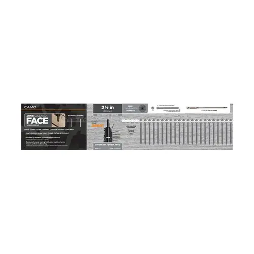 Camo Deck Screw, Gray, #10 Thread, 2-1/2 in L, Flat Head, T20 Drive, Steel, 1000/PK - pack of 1000 Camo Deck Screw, Gray, #10 Thread, 2-1/2 in L, Flat Head, T20 Drive, Steel, 1000/PK - pack of 1000