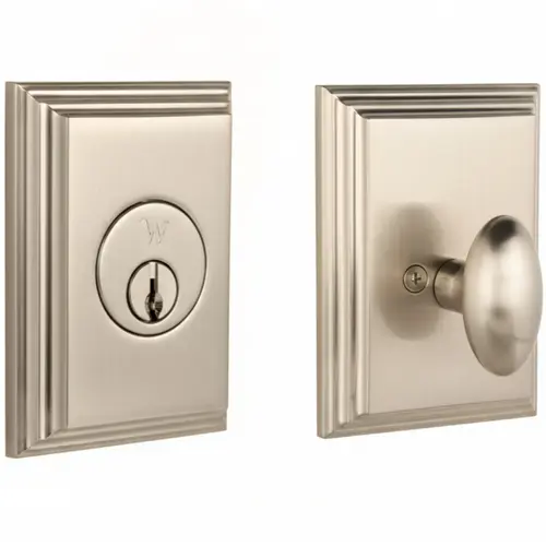 Woodward Single Cylinder Deadbolt with Adjustable Latch and Deadbolt Strike Satin Nickel Finish Woodward Single Cylinder Deadbolt with Adjustable Latch and Deadbolt Strike Satin Nickel Finish