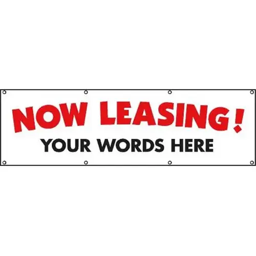 Semi-Custom Now Leasing Banner, White With Red Letters, 10 ft X 3 ft Semi-Custom Now Leasing Banner, White With Red Letters, 10 ft X 3 ft