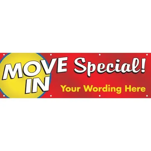 Semi-Custom Move In Special! Banner, Gold And Red, 10 ft X 3 ft Semi-Custom Move In Special! Banner, Gold And Red, 10 ft X 3 ft