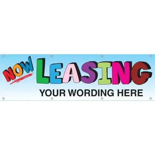 Semi-Custom Now Leasing Banner, Multicolored Letters, 15 ft X 4 ft Semi-Custom Now Leasing Banner, Multicolored Letters, 15 ft X 4 ft