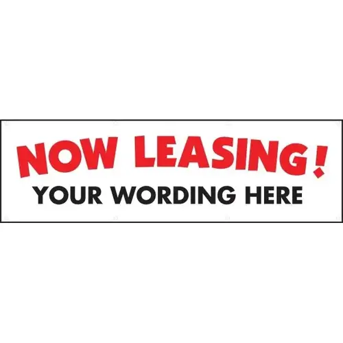 Semi-Custom Now Leasing Banner, White With Red Letters, 20 ft X 4 ft Semi-Custom Now Leasing Banner, White With Red Letters, 20 ft X 4 ft