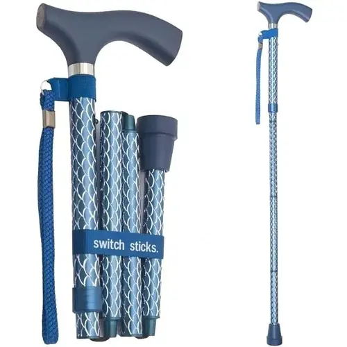 Walking Cane, Foldable/adjustable From 32-37 In., Engraved Azure Walking Cane, Foldable/adjustable From 32-37 In., Engraved Azure
