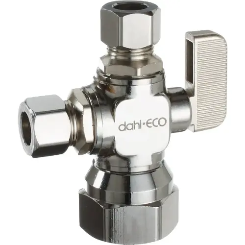 1/2 In. FIP x 3/8 In. OD Comp x 3/8 In. OD Comp Straight Plated Dual Outlet Supply Stop 1/2 In. FIP x 3/8 In. OD Comp x 3/8 In. OD Comp Straight Plated Dual Outlet Supply Stop