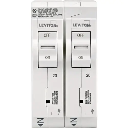 (2) 20A Single-Pole Thermal Magnetic White Plug-On Standard Branch Circuit Breakers (2) 20A Single-Pole Thermal Magnetic White Plug-On Standard Branch Circuit Breakers