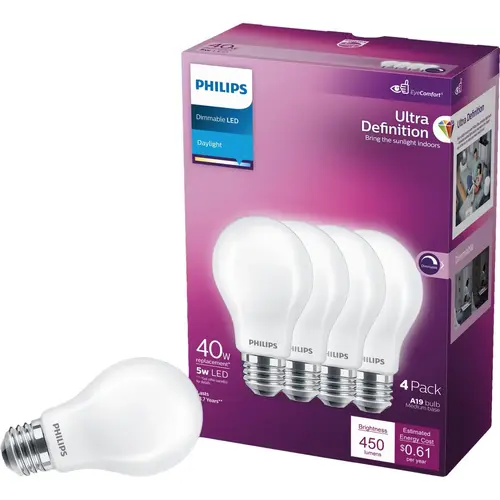 Ultra Definition 40W Equivalent Daylight A19 Medium LED Light Bulb, Frosted (4-Pack) Ultra Definition 40W Equivalent Daylight A19 Medium LED Light Bulb, Frosted (4-Pack)