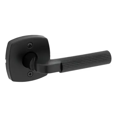 Mirada Reeded Pattern Lever with Soft Modern Midtown Rose Passage Door Lock with 6AL Latch and RCS Strike Matte Black Finish Mirada Reeded Pattern Lever with Soft Modern Midtown Rose Passage Door Lock with 6AL Latch and RCS Strike Matte Black Finish