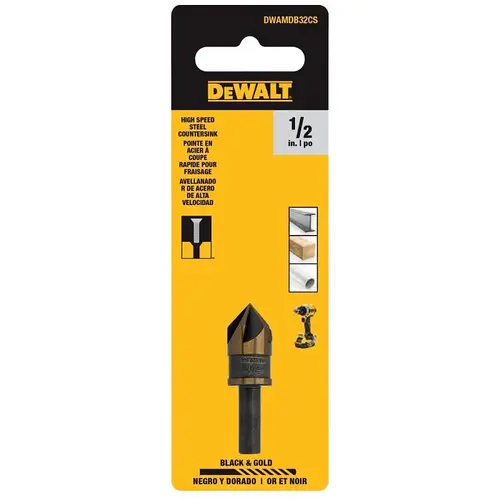 DEWALT BLACK & GOLD Series Countersink Drill Bit, 1/2 in Dia, 1-7/10 in OAL, 5-Flute, 1/4 in Dia Shank DEWALT BLACK & GOLD Series Countersink Drill Bit, 1/2 in Dia, 1-7/10 in OAL, 5-Flute, 1/4 in Dia Shank