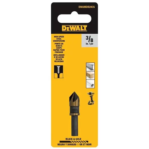 DEWALT BLACK & GOLD Series Countersink Drill Bit, 3/8 in Dia, 1-3/5 in OAL, 5-Flute, 1/4 in Dia Shank DEWALT BLACK & GOLD Series Countersink Drill Bit, 3/8 in Dia, 1-3/5 in OAL, 5-Flute, 1/4 in Dia Shank